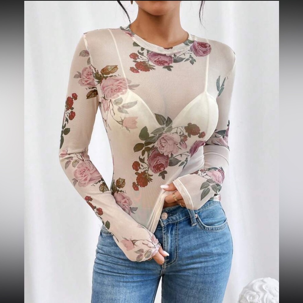 White Floral Mesh Sheet Shirt Long Sleeve, See-Through Top